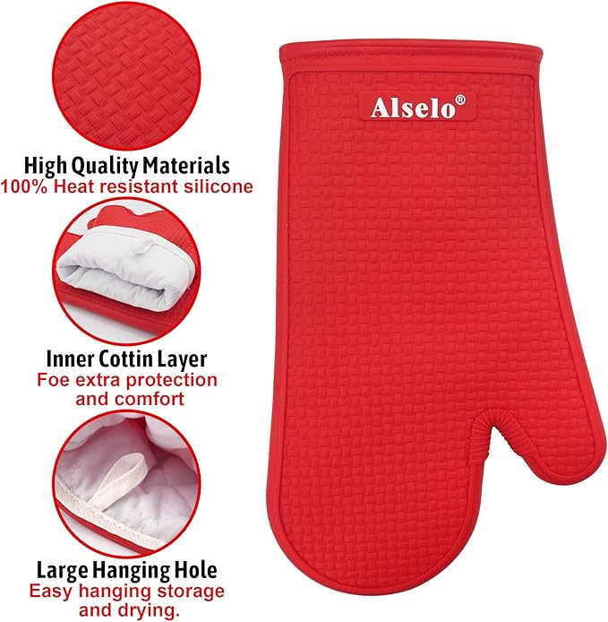 Oven Mitts Heat Resistant Silicone Kitchen Gloves for 550 Degrees with Waterproof and Non-Silp, Set of 2 Oven Gloves for Baking Cooking Barbecue Microwave Machine Washable (Red, 2)