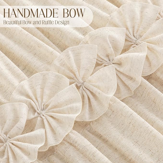 XOGUIBO Linen Ruffle Shower Curtain with Handmade Bow Tie,Vintage Farmhouse Shower Curtain for Bathroom, 72" W x 72" H