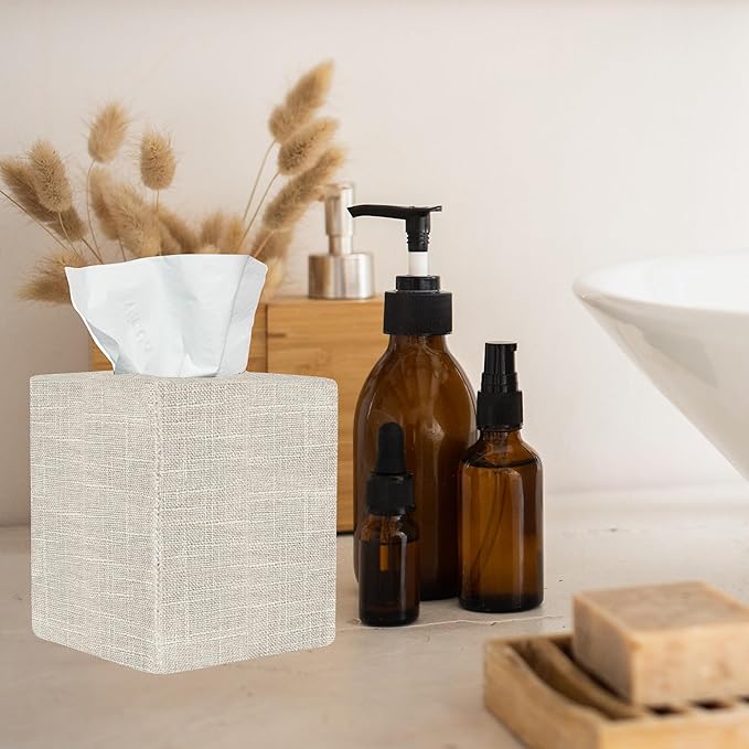 Tissue Box Cover, Cute Beige Linen Fabric Decorative Square Tissue Box Holder/Organizer for Bathroom Vanity Countertop/Office/Nightstand/Desk