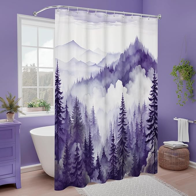 Litabel Purple Extra Long Misty Pine Forest Shower Curtain 72 x 84, XL Mountain Foggy Woodland Scenery Tree Shower Curtains for Bathroom, Abstract Waterproof Nature-Themed Decor