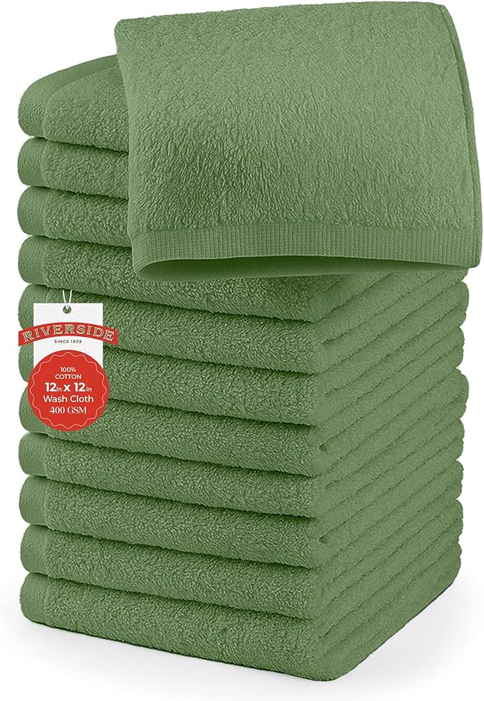 RIVERSIDE 12 Pack Washcloths - 12x12 Inches, 500 GSM, 100% Ring-Spun Cotton - Soft, Absorbent & Durable Face and Body Towels - for Bathroom, Spa, Gym, Makeup Removal & Everyday Use - Sage Green