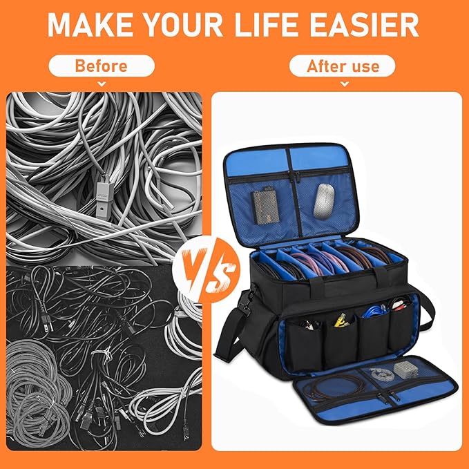 IBVIVIC Cable File Bag With Adjustable Dividers Dj Gig Bag for Cables, Cords,DJ Gear,Sound Instrument and Accessories 16L x 11W x 12H inch, Blue