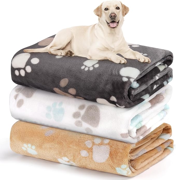 Gowyeg Dog Blanket for Large Dogs 3 Pack Dog Cat Flannel Blankets Washable Soft Pet Throw Cover for Kennel Crate Bed Cute Paw Pattern Pet Blanket Grey/White/Brown 41" x 31"
