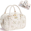 Bagstellar Travel Makeup Bag, Large Capacity Quilted Toiletry Bag for Women Wide-open Cosmetic Bag Make Up Case Organizer Portable Pouch w/Handle & Brush Holder for Traveling Accessories Beige Floral