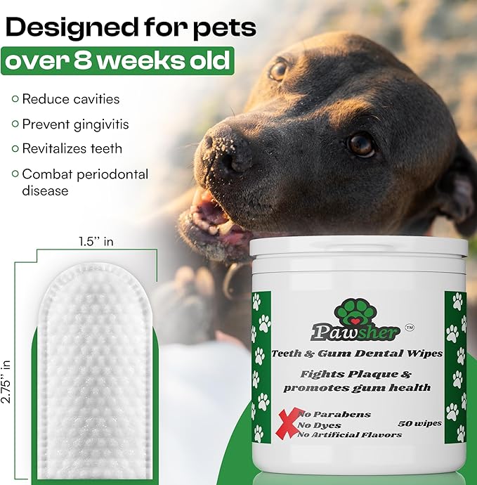 Pawsher Dog Teeth Cleaning Wipes - Natural Coconut Oil & Aloe - Dental Wipes for Dogs - No-Rinse Pet Dental Finger Wipes - 50 Count