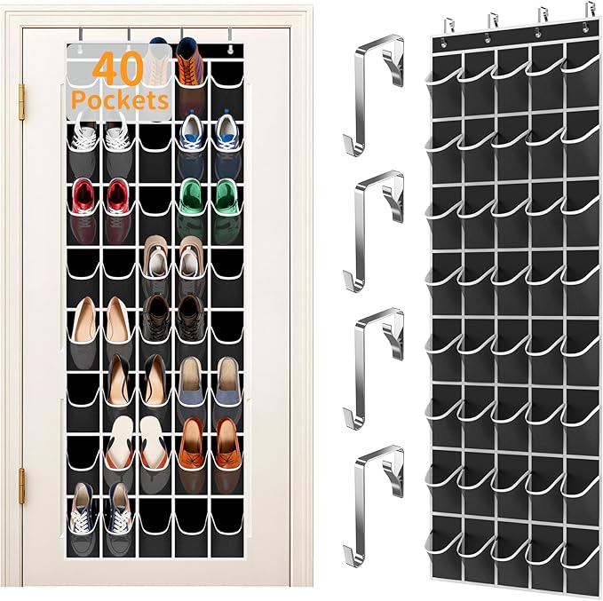 Gisiyunly Over the Door Shoe Organizer with 40 Large Pockets, Multi-Purpose Storage for Shoe and Accessories, Durable Fabric with Adjustable Hooks for Home Closet Bedroom Entryway-Black