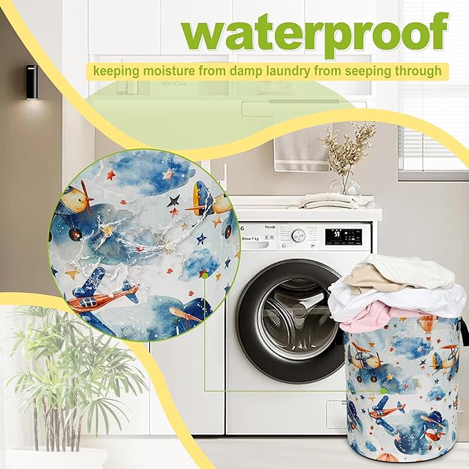 Airplane Laundry Basket Hot Air Balloon Clouds Foldable Waterproof Oxford Cloth Funny Tote Bag Laundry Hamper Clothes Storage Bucket Toy Organizer For Bathroom/Laundry Storage/Bedroom 18.9x16.5 Inch
