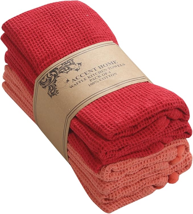 ACCENTHOME 100% Cotton Waffle Weave Kitchen Towel Set of 4 Super Soft Absorbent Christmas Tea Towels Durable Cleaning Dish Cloths for Mess & Quick Drying Dishes Rags 18x26 inches in Red & Coral Color