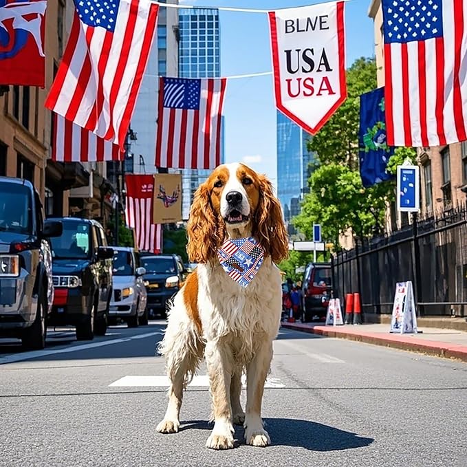 Lionet Paws Summer 2pcs Dog Bandanas, 4th of July USA Dog Scarf Bib Premium Fabric, Happy American Flag Blue Bandanas for Small Medium Dogs Pets