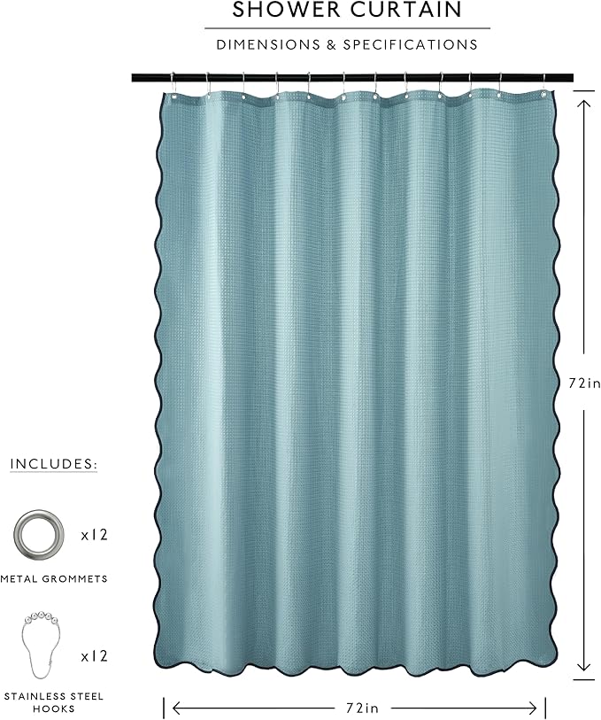 MONDAY MOOSE Scalloped Waffle Weave Shower Curtain with Rustproof Metal Grommet Holes for Bathroom, Machine Washable, Hooks Included (72x72 inch, Dark Blue/Sky Blue)
