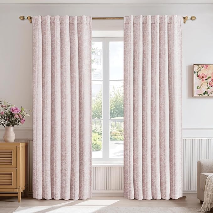 Beauoop Pink Floral Jacquard Blackout Curtains 96 Inches Long 2 Panels for Girls Bedroom Living Room Chenille Flower Room Darkening Thermal Insulated Soundproof Rod Pocket Back Tab Window Drapes 52x96