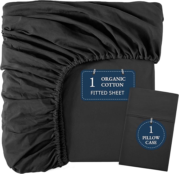 LANE LINEN Twin Fitted Sheets, 100% Organic Cotton 2-Piece Set (1 Fitted Sheet, 1 Pillowcase), Percale Weave, Bottom Sheet, Soft, Breathable, Fits Mattress Upto 15' Deep - Black (No Flat Sheet)