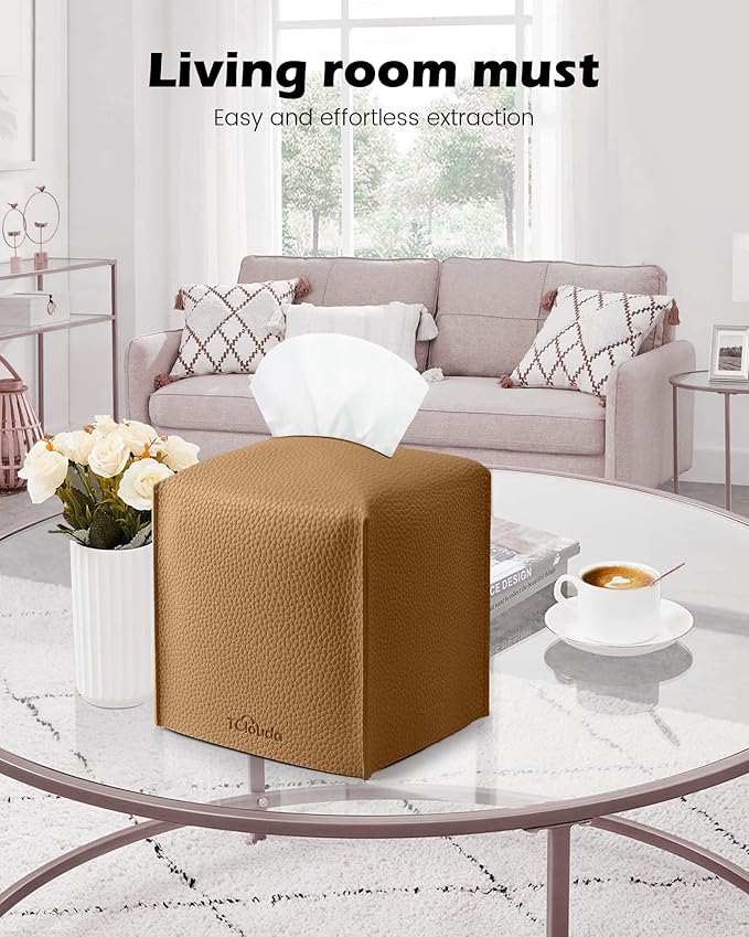 Tclouda Tissue Box Cover for PU Leather, Modern Simple Solid Color Holder Square Tissue Bag, Ideal for Bathrooms,Office,Car,Nightstand,Outdoor Tent,Dining Table,5"X5"X5", Double Bronze