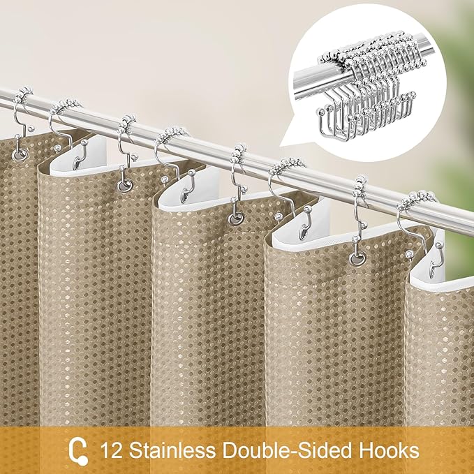 Craidlela 3 in 1 Long Beige Shower Curtain Set-72 W x 78 H, Tan Waffle and PEVA Liner Set with 12 Stainless Steel Hooks, Waterproof Fabric for Bathroom