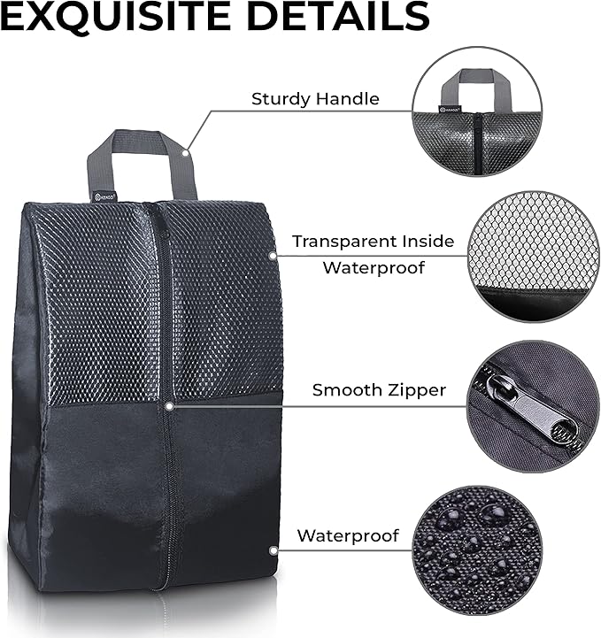 HANOZI Shoe Bags For Travel, Used As For Storage or Shoe Travel Bag, Space Saving When Travelling With This Travel Shoe Bags For Packing, Featuring Waterproof Nylon Sneaker Bag (Black, 2 Pack, Medium)