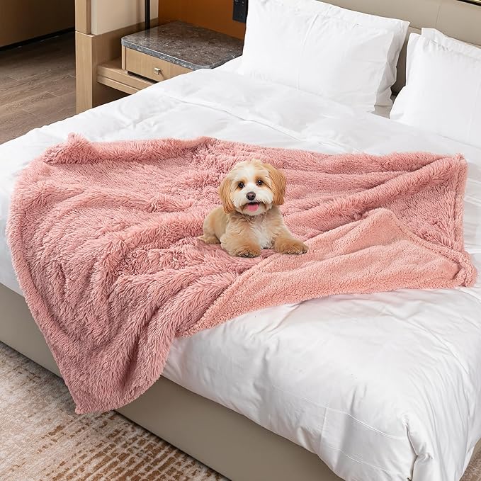 Wowchine Pink Fluffy Waterproof Dog Blanket Long Faux Fur 85x57in Big Pet Blankets Cozy Warm Couch Mat King Size Bed Cover Washable(Pink,XL-85 * 57in)