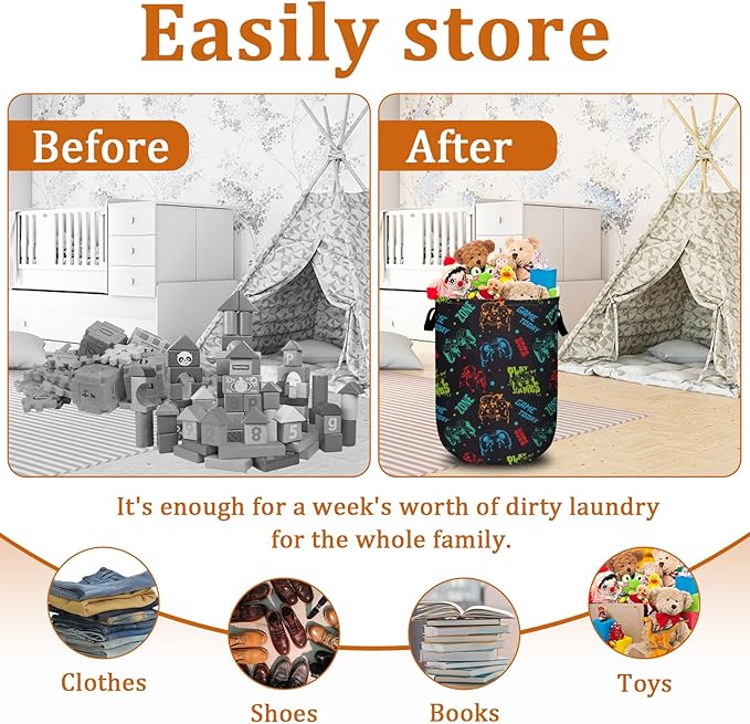 Colorful Game Machine Laundry Basket with Sturdy Handles, Collapsible Oxford Cloth Laundry Hamper Organizer Basket for Bathroom Bedroom 15.7x20 Inch
