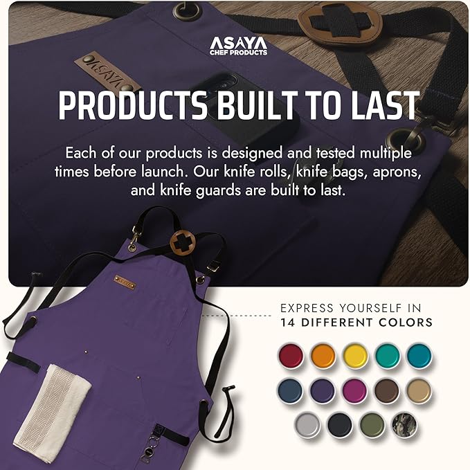 Asaya Chef and BBQ Apron with Bottle Opener and Hand Towel - 10oz Cotton Canvas, Stainless Steel Hardware - Cross Back Straps