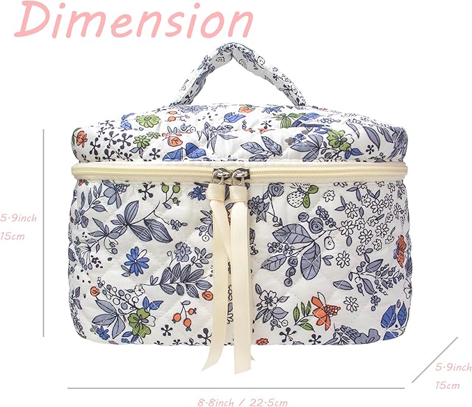 PAZIMIIK Quilted Makeup Bag Large Travel Zipper Soft Cosmetic Case for Women Girls Make Up,Leaf White