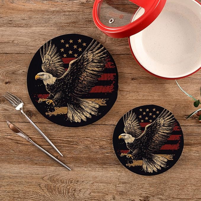 July 4th Bald Eagle Black Trivets for Hot Dishes Pots and Pans Potholders Woven Trivet Cotton Round Large Pot Holder Decor Heat Resistant Hot Pads Mat for Table Counter Cooking Potholder Set of