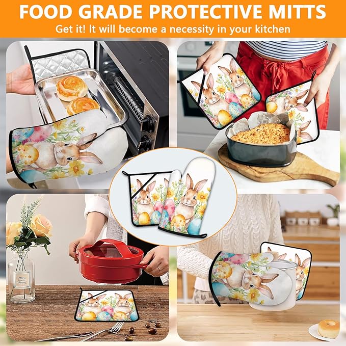 Easter Rabbits Oven Mitts and Pot Holders Sets 4Pcs,Extra Long Oven Gloves Potholder for Kitchen Cooking Baking BBQ 100% Cotton Heat Resistant