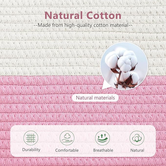 ECDYQXVU Cotton Rope Basket, Storage Baskets with Handle, 15x10x9 Inch Woven Basket for Shelves, Laundry, Towels, Clothes, Books (White/Pink 3Pack)