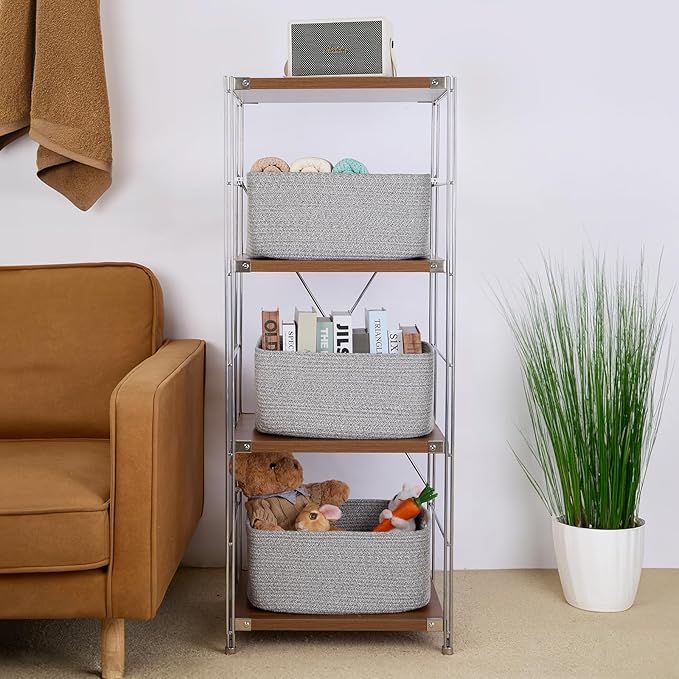 MiniArk Large Storage Baskets for Shelves, Closet Organizers Bins for Clothes Blanket Towels, Baby Nursery, Toy Baskets Box, Woven Rope Baskets, 17 x 13 x 7.5”, 3 Packs Mixed Grey