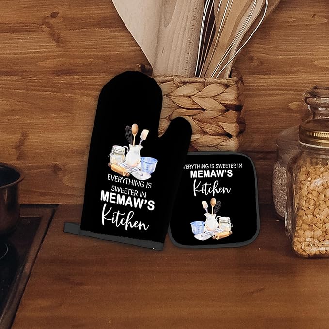 Memaw Gifts Oven Mitts and Pot Holders Sets, Gifts for Grandma from Grandkids, Sweeter in Memaw's Kitchen Heat Resistant Oven Glove Potholders for Baking