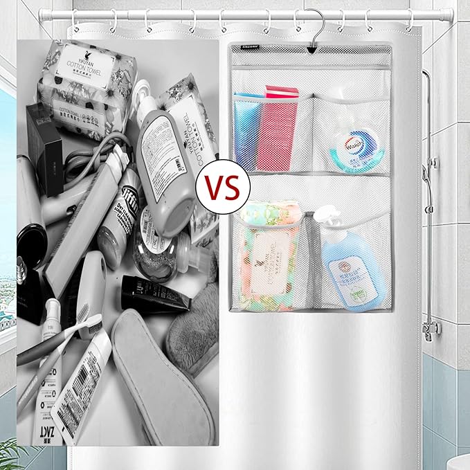 ANZORG Mesh Shower Organizer Hanging Caddy Quick Dry Bathroom Storage for Toiletry Accessories with Rotating Hanger (4 Pockets)
