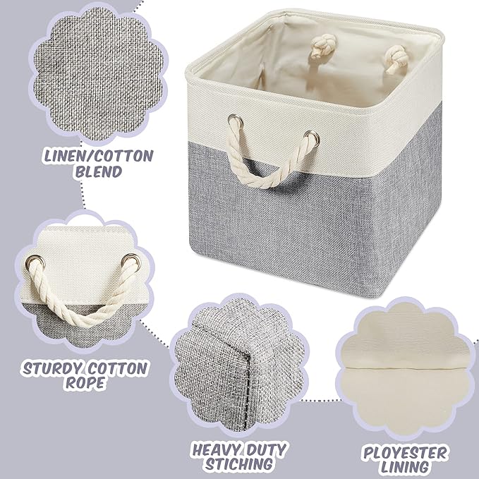 Geiserailie 6 Pcs 11 x 11 Inch Cube Storage Bins Fabric Storage Organizer Bins Foldable Cube Baskets with Sturdy Carry Handles Wicker Baskets for Home (Gray and White)