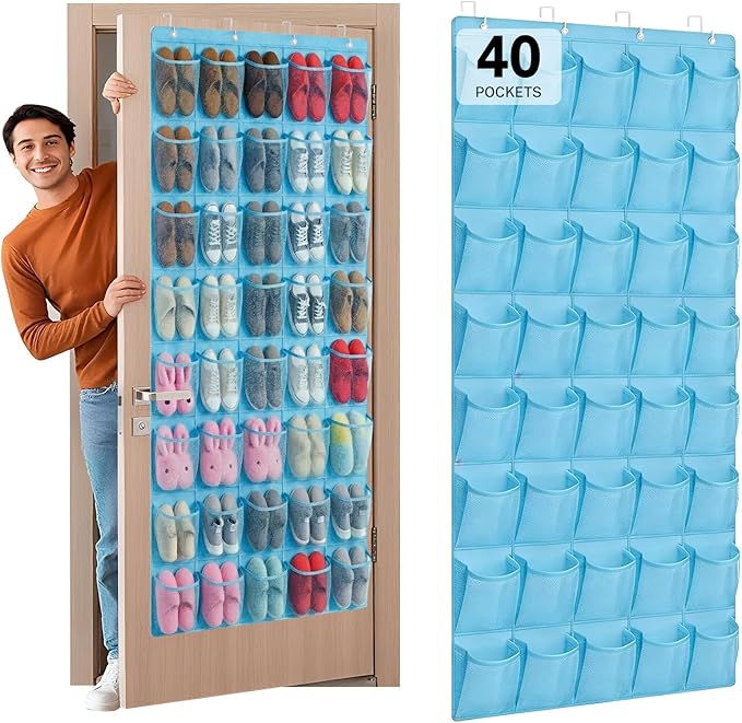 Hualleko 40-Pocket Over the Door Shoe Organizer - Large Mesh Pocket Hanging Shoe Organizer,Behind the Door Shoes Storage Holder Hanger