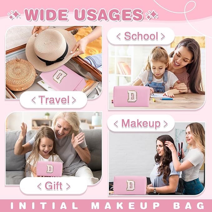 Small Personalized Initial A-Z Patch Makeup Bag,Pink Cute PU Leather Glitter Letter Cosmetic Bag for Teen Girls,Travel Toiletry Bag with Zipper,Preppy Monogrammed Birthday Gift for Daughter Niece D