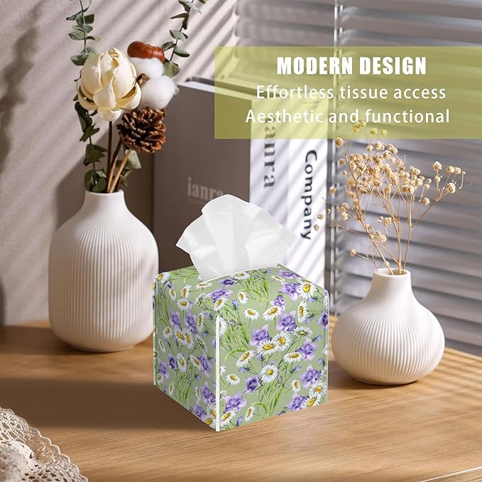 BLYKVGHQ Square Tissue Box Cover Chamomiles and Bell Flowers Tissue Box Holder Facial Cube Paper Dispenser Leather Decorative Organizer Home Office Desk Decor, 5.2"x5.2"x5.2"