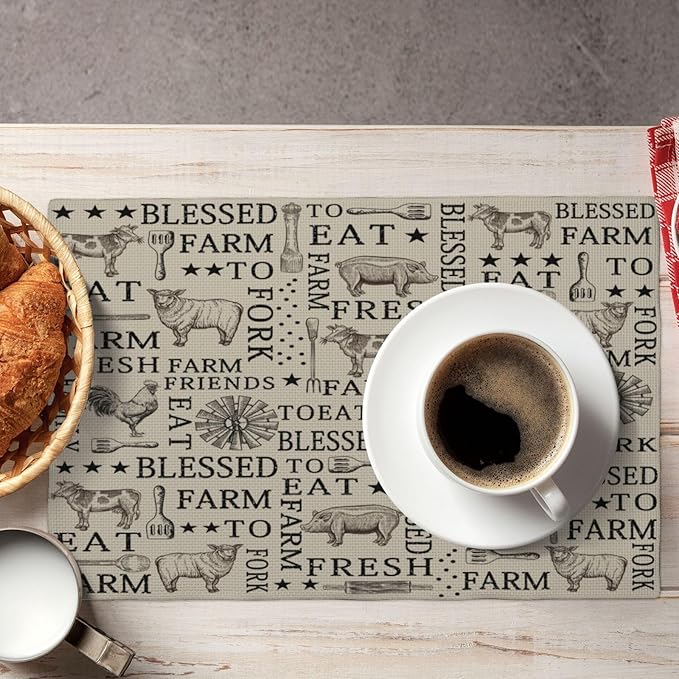 Farm Placemats, Cartoon Vintage Brown Windmill Farmhouse Cow Sheep Rooster Pig Animal Print Washable Fabric Placemats Table Kitchen Dining Party 12x18 Inch Set of 4