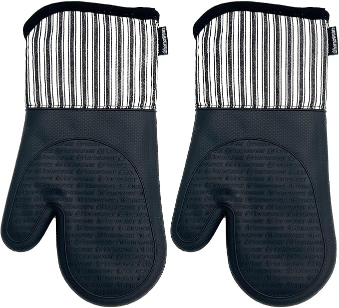 Homewear Marlow Silicone Extra Long Oven Mitt 2 Piece Set, Heat and Slip Resistant, Recycled Cotton with Soft Lining, Thick Kitchen Gloves for Cooking, Black