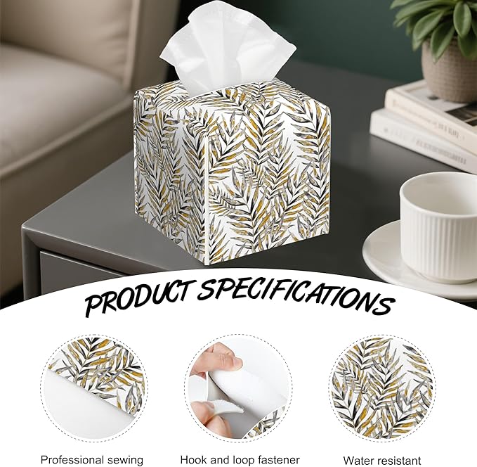 Exotic Palm Leaves Tissue Box Cover,PU Leather Tissue Box Holder Square,Modern Home Decoration for Bathroom Living Room Kitchen Office Car,5.2"×5.2"×5.2"