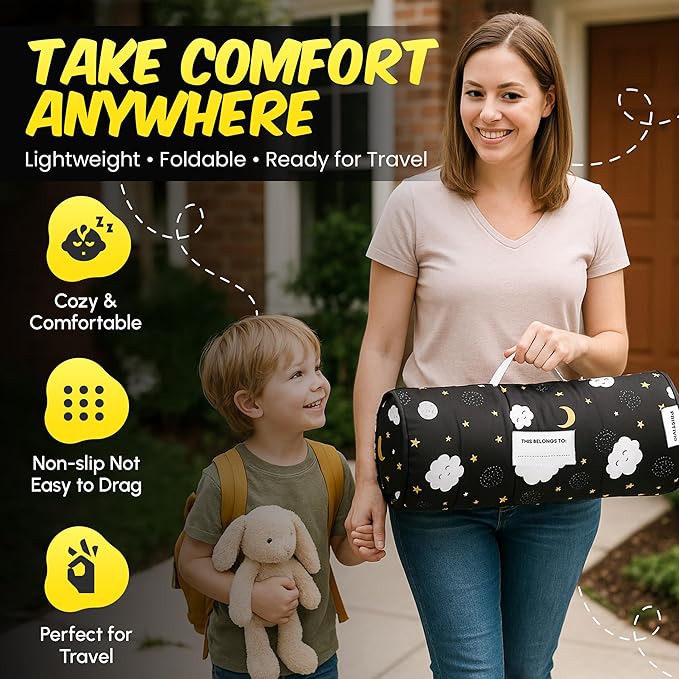 PRISTIVIO Roll Up Kids Nap mat with Fleece Ultra-Soft Minky Blanket and Pillow – Soft Toddlers Sleeping Mat with Dreamy Star-and-Cloud Design for Daycare, Preschool, Travel, Camping, Kindergarten
