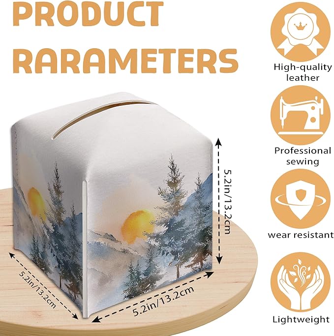 Winter Pine Tree Tissue Box Holder, Winter Forest Landscape Leather Tissue Box Cover Square with Bottom Belt, Paper Facial Decorative Tissues Cover for Bathroom Kitchen Office Home Decor-B24