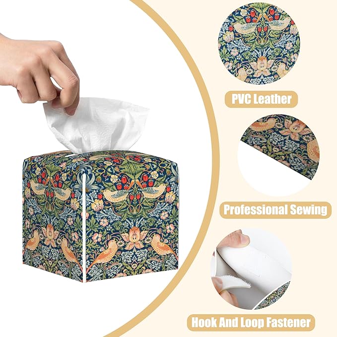 BLYKVGHQ Strawberry Thief Tissue Box Cover Square, William Morris Tissue Box Holder with Bottom Belt Leather Facial Paper Organizer Dispenser for Bathroom Bedroom Dresser Night Stand Tabletop