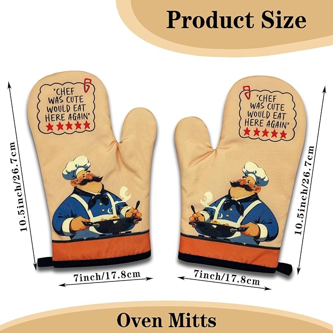 2 Pack Funny Oven Mitts for Men, Chef was Cute Would Eat Here Again, Heat Resistant Silicone Non-Slip Mitts, Baking Cooking Gifts for Chef Friend, Christmas Birthday Gifts for Dad Husband