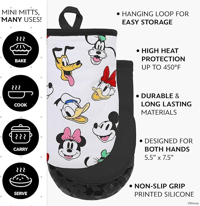 Disney Oven Mitts - 5.5” x 7.5” Heat-Resistant Mini Oven Mitts with Non-Slip Printed Silicone Disney Silhouettes - Mickey & Minnie, Stitch, Winnie The Pooh