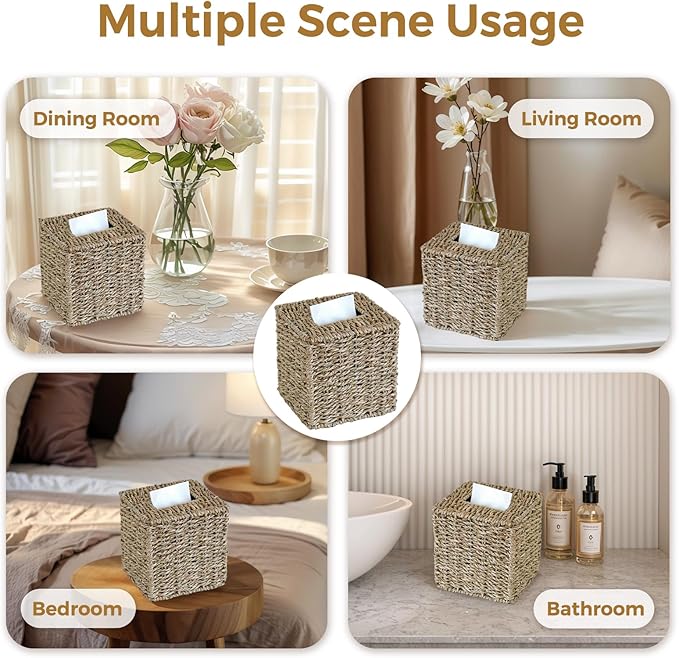 KALEKAIL Seagrass Tissue Box Cover, Wicker Tissue Box Holder Square, Boho Decorative Woven Tissue Cover Facial Cube Tissue Holders for Bathroom Living Room Kitchen, Natural