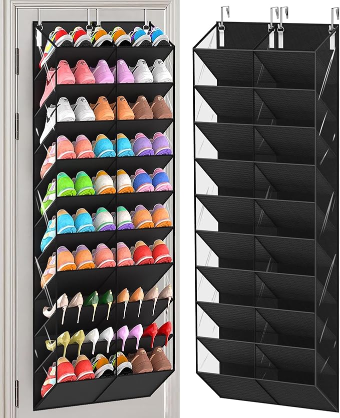 UVIAHOMI 30 Pairs Over the Door Shoe Organizer, Clear Pockets Hanging Shoe Storage for Closet, 10-Tier Door Shoes Rack Storage, Handing Shoes Holder Fit All the Family's Sneakers, Boots, Heels, Black