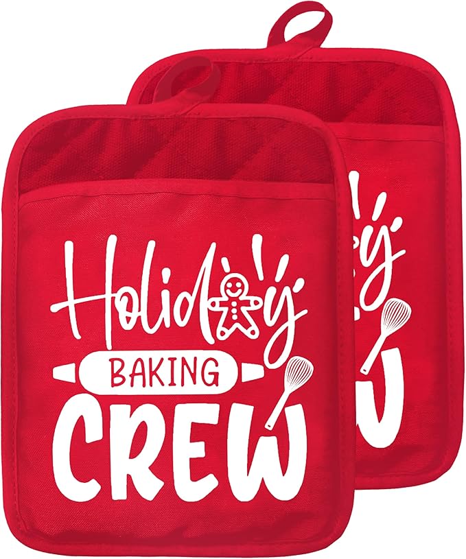 Christmas Holiday Baking Crew Pot Holders with Pockets, Red Christmas Gingerbread Baker Oven Pot Holders Heat Resistant Oven Mitts Hot Pads for Kitchen Baking Cooking