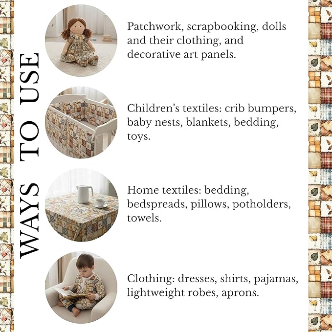 Patchwork Cotton Fabric Panel 61 x 36.6 Inches, Autumn Leaves Quilt Style Pattern, Rustic Brown Beige Blue Design, 100% Cotton 140 GSM