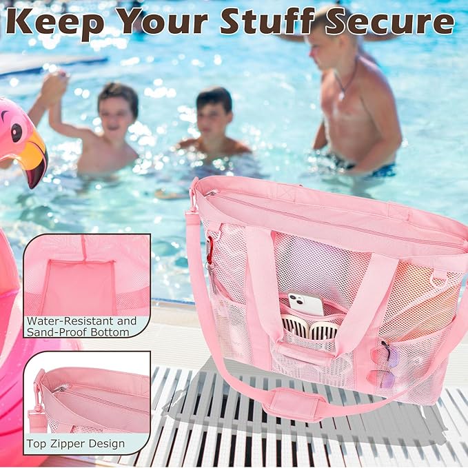 Fammart Mesh Beach Bag, Large Beach Tote Bags with Zipper, Toys Pool Bag for Family Travel Vacation Cruise Essentials