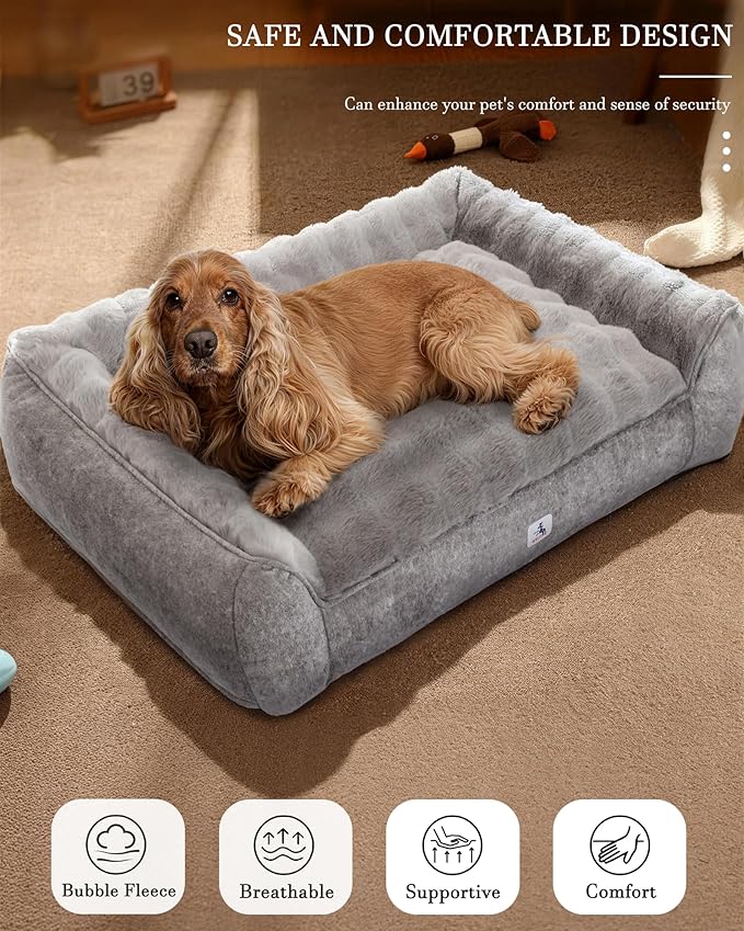 Welfibr Fluffy Faux Fur Dog Bed Medium Size Dog Washable Rasied Dog Bed Orthopedic Dog Bed with Sides Noiseless Supportive Dog Couch Anti-Slip Comfort Pet Beds with Removable Cover Grey 42"