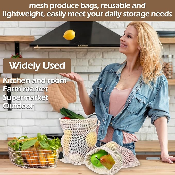 Dimeho 28 Pack Reusable Produce Bags, Mesh Vegetable Bags Washable Cotton Grocery Produce Bag with Drawstring for Vegetable Shopping Transporting Storing Farmers Market Beach