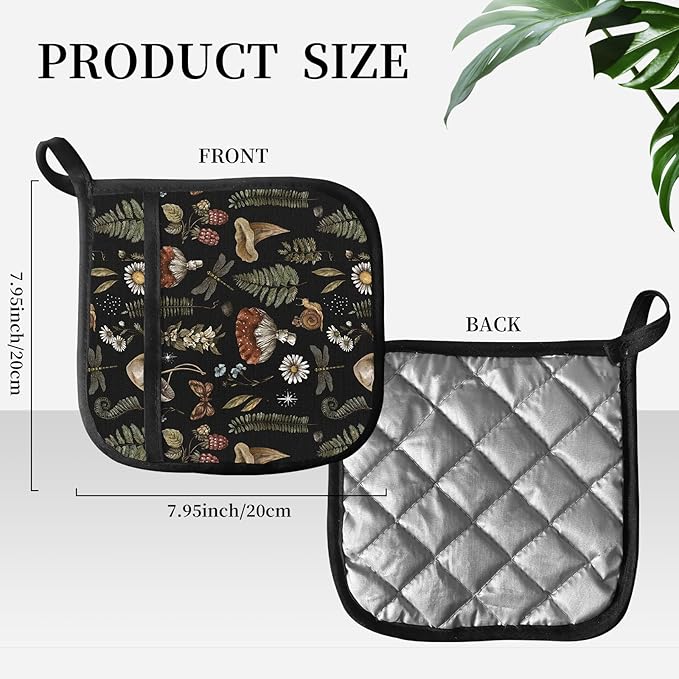 Pot Holders for Kitchen, Heat Resistance Hot Pads, Cute Potholder with Pocket for Kitchen Cooking Baking 2 Packs, Cute Mushroom