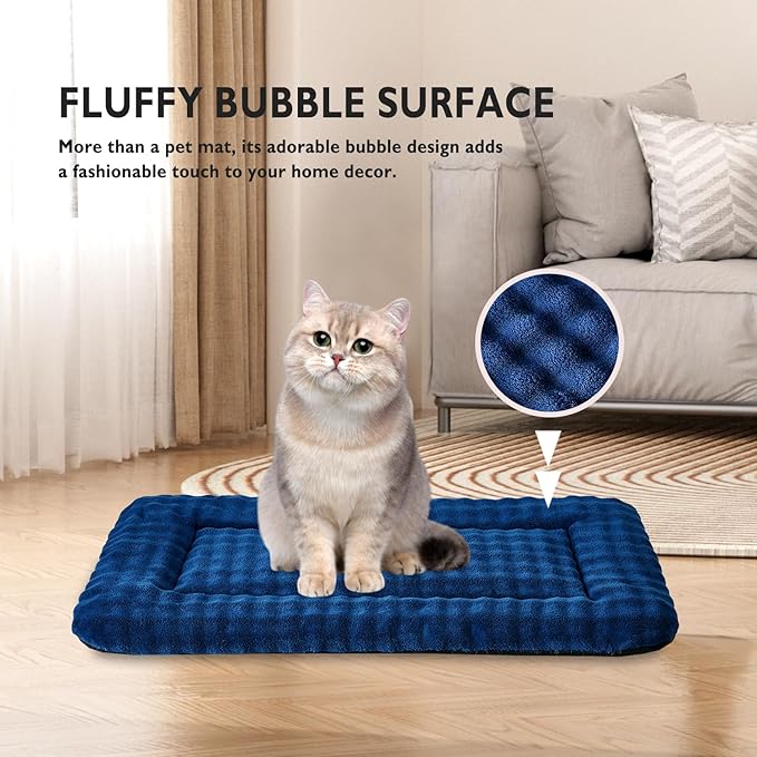 Yaning Pet Bed Mat Crate Pad for Cats Small Dogs, Washable Soft Pet Sleeping Mat Kennel Pad with 3D Bubble Pattern, Navy Blue, 24"x 18"